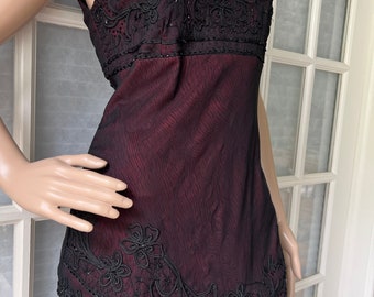 Vintage 90s Beaded Sequin Top, Maroon Red Asymmetrical Hem
