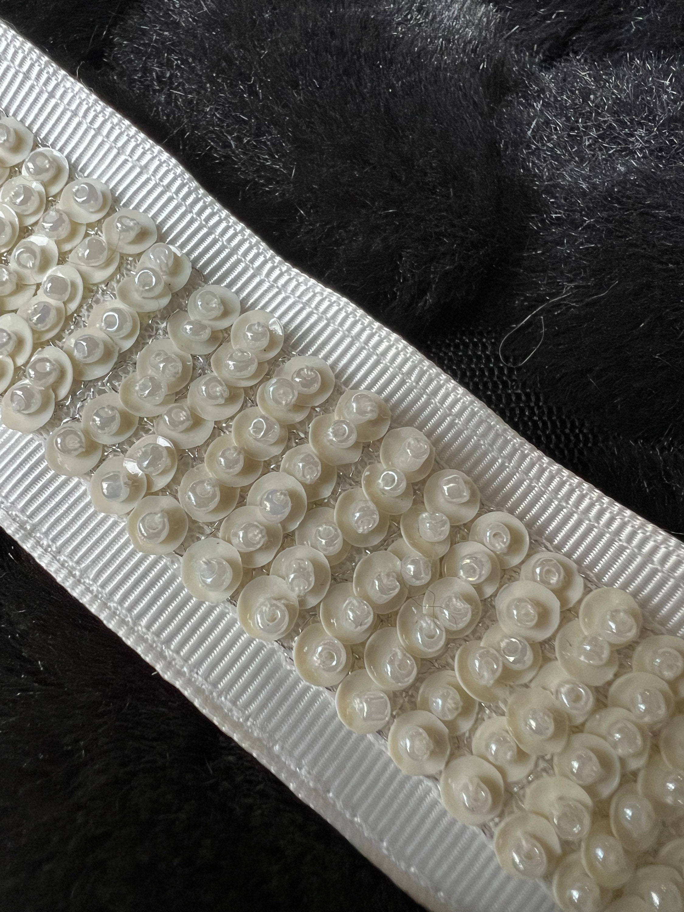 Hand Made White Grosgrain Ribbon Belt With Ivory Sequins  display picture 1