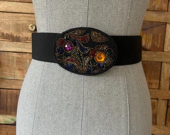 Vintage Black stretch belt with floral beaded buckle