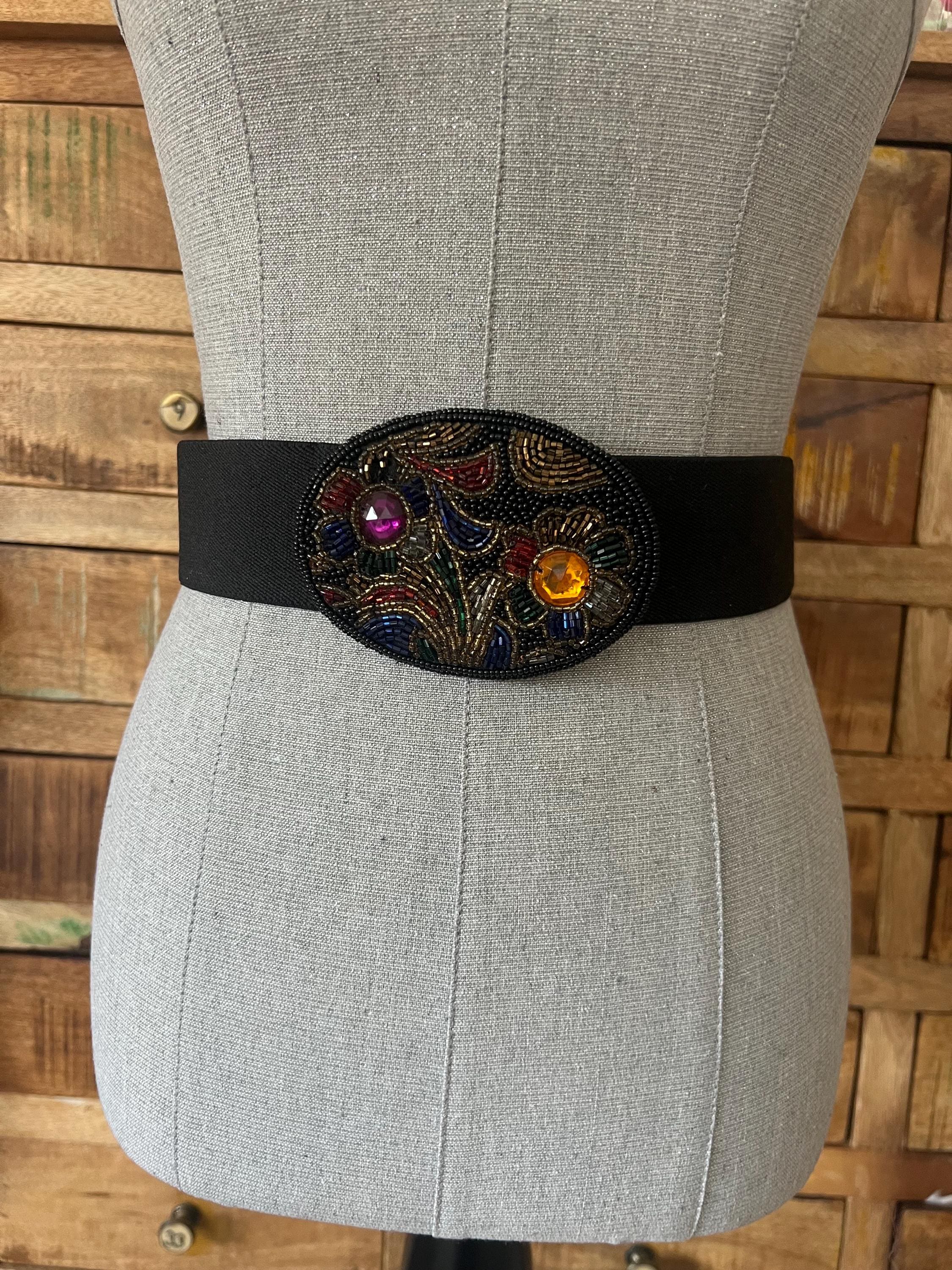 Vintage Glass Beaded Multicolored Glam Waist Belt Velcro Closure Vintage 1920s Womens Hand Beaded Floral Belt, Antique Art  main image 2
