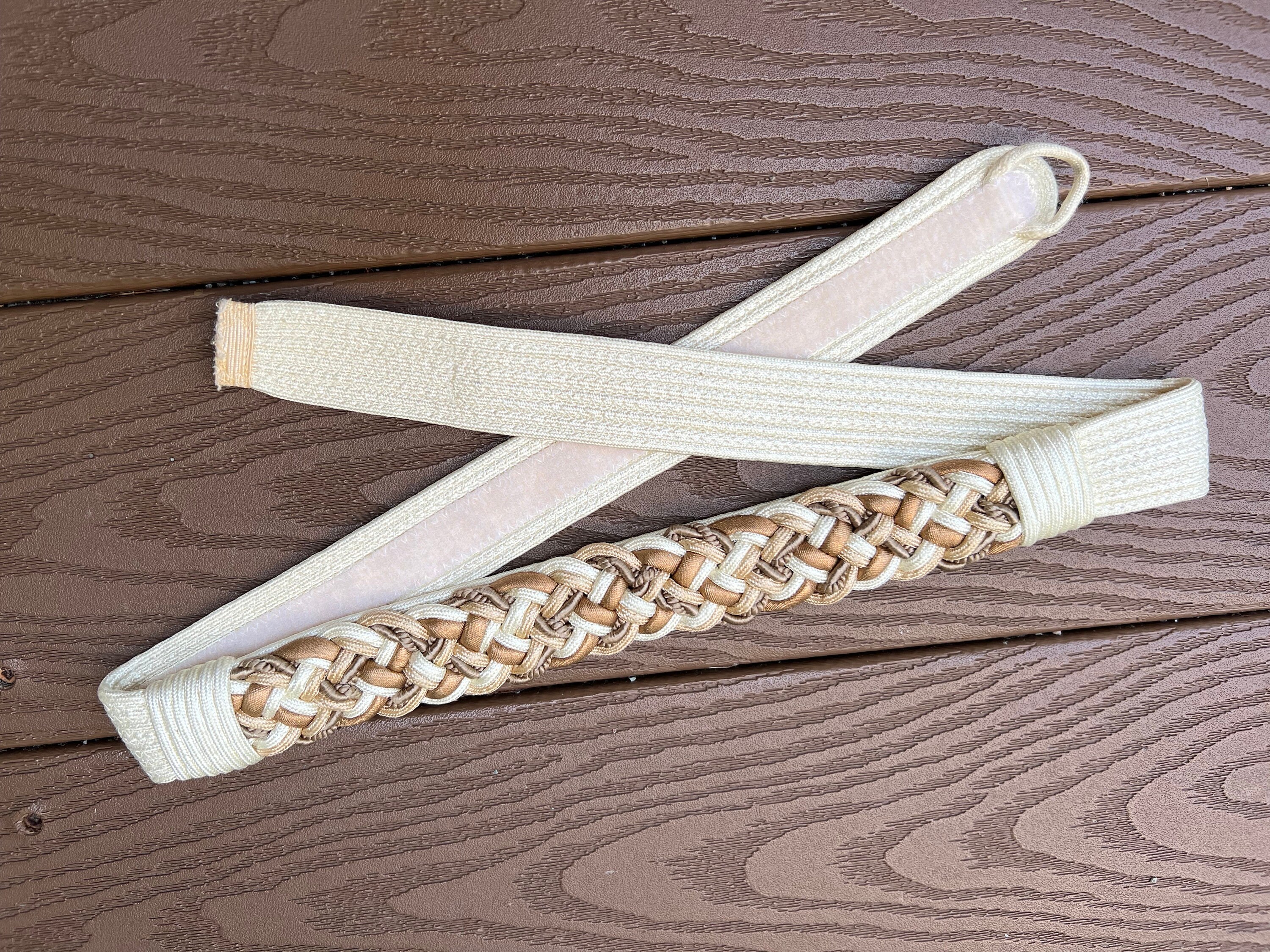 Vintage Ivory Green Pink Blue Braided Rope Gold Bronze Hammered Belt Size M/L Medieval Rope Belt – French Meadows main image 2