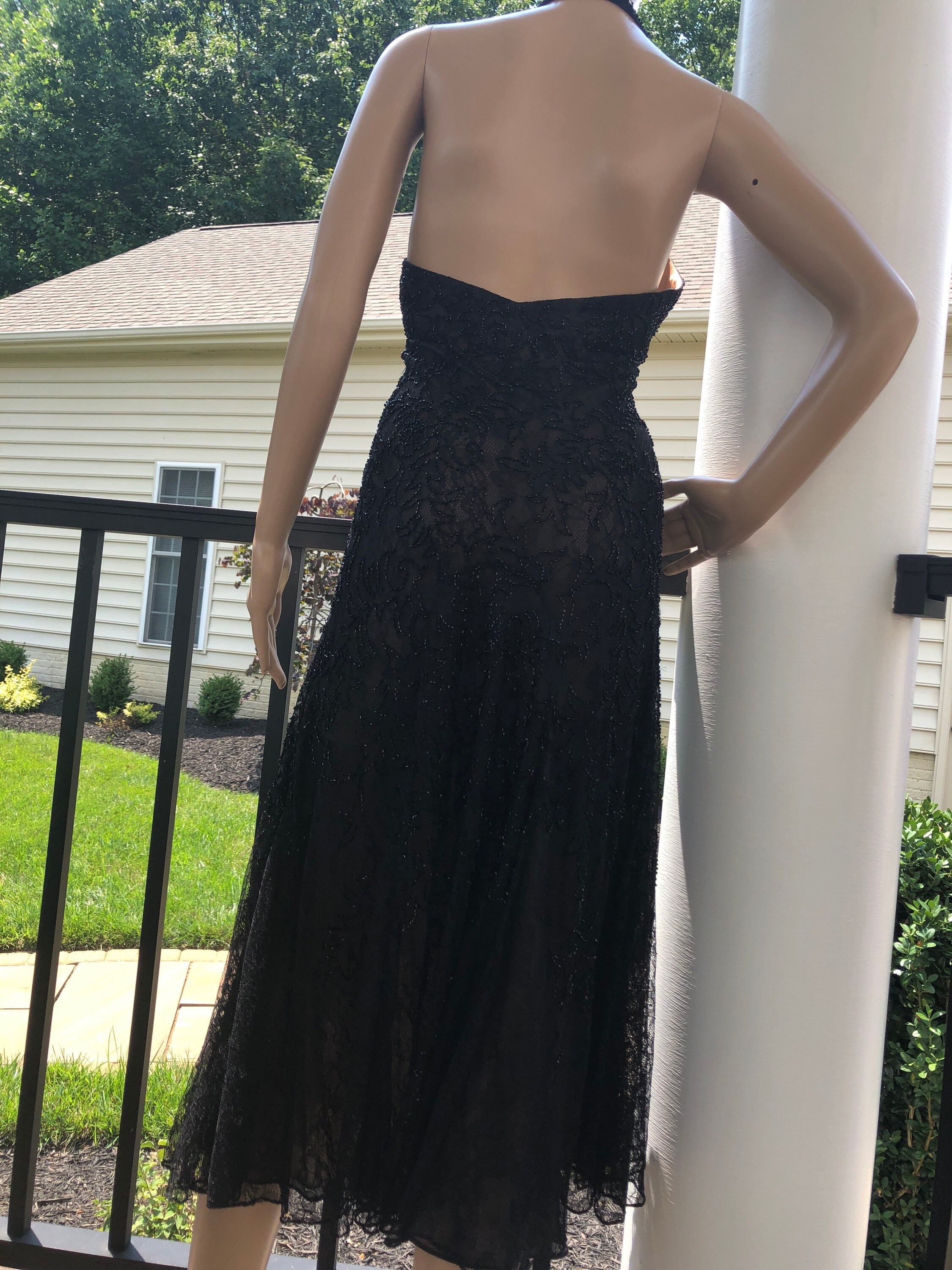 Carmen Marc Valvo Signature vintage 90s cocktail Black lace beaded halter dress Carmen Marc Valvo Signature vintage 90s cocktail Black lace beaded halter dress