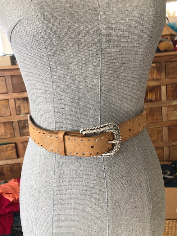 Ariat Tan Embossed Leather Studded Western Silver Tone  display picture 3