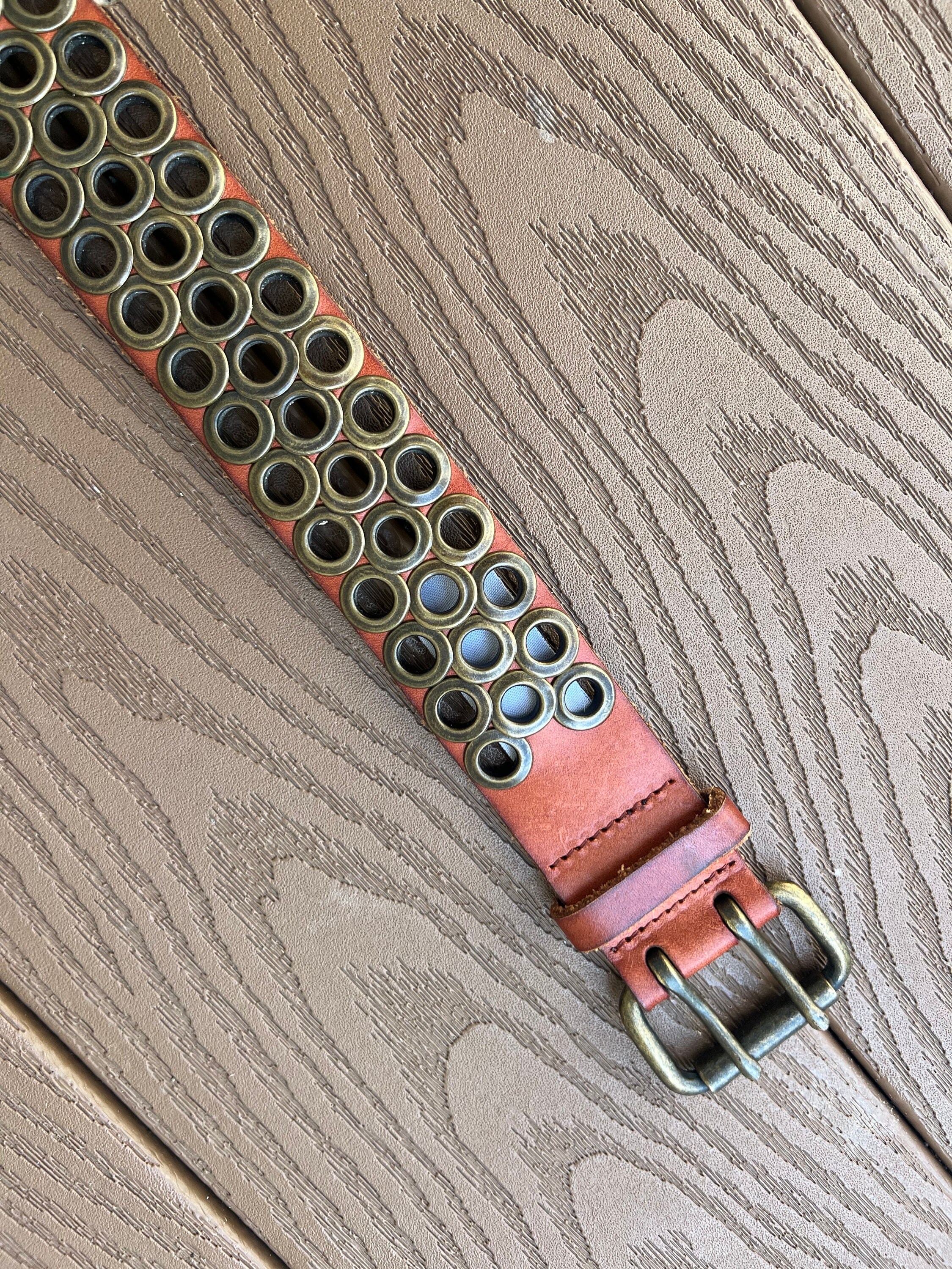 Vintage J Crew Brown Leather/bronze Grommet Belt - Etsy