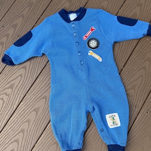 Mono vintage Carter's azul con temática de mecánico de automóviles para bebé niño, talla 9-12 meses