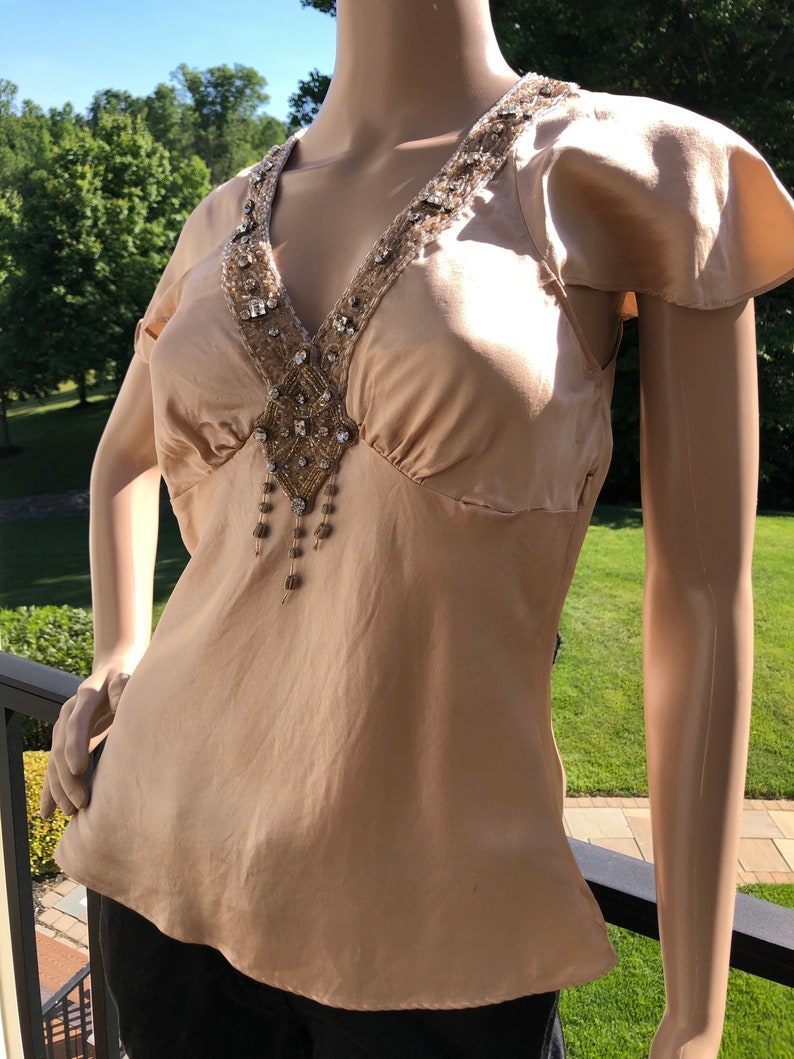 Vintage Tracy Reese champagne silk embellished Art Deco style top image 1