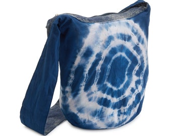 Retro Hippie Hobo Boho Original Shibori Indigo Blue TIE DYE Womens Unisex Crossbody Sling Beach Travel Yoga Handbag Valentines Gift under 30