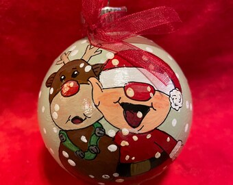 ELF and Reindeer - Hand Painted Glass Ornament