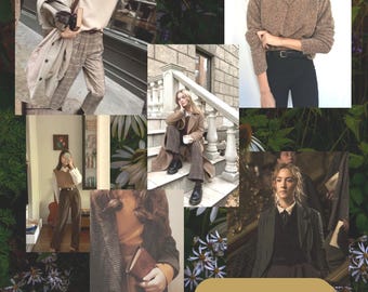 May include: A mood board with images of clothing and accessories in a dark academia style. The images include a brown sweater, a plaid skirt, a brown coat, a book, and a pair of black boots. The text "Dark Academia Inspiration" is at the bottom of the board.