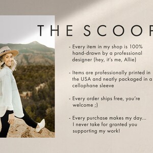 May include: The image features the text "THE SCOOP" with bullet points describing the shop's products. The text states that items are hand-drawn by a designer, professionally printed in the USA, and neatly packaged.
