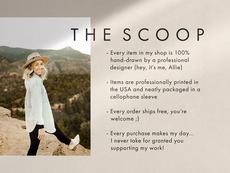 May include: The image features the text "THE SCOOP" with bullet points describing the shop's products. The text states that items are hand-drawn by a designer, professionally printed in the USA, and neatly packaged.