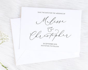 Printed Wedding Save the Dates with Envelopes | Modern Save the Date Card with Calligraphy Style Font | Personalised PDF Printable Option