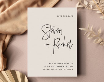 Simple Wedding Save the Date Cards with Envelopes | Printed Set on Premium Cardstock shown in White or Almond | Rachel + Steven Collection