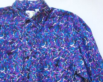 SALE: 1980s Blue and Purple Tissue Silk LS Shirt