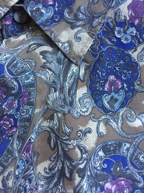 1980s Baroque Print Silk Blue and Taupe SS Shirt - image 3