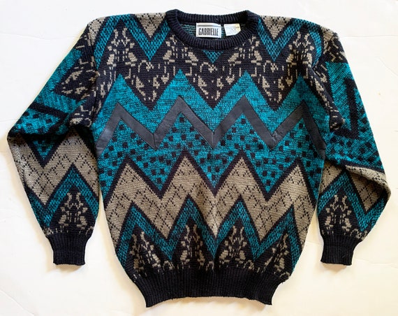 1980s Abstract Green and Tan Sweater - image 1