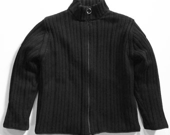 Black Wool Rib Zip Front Lined Sweater Jacket Minimalist