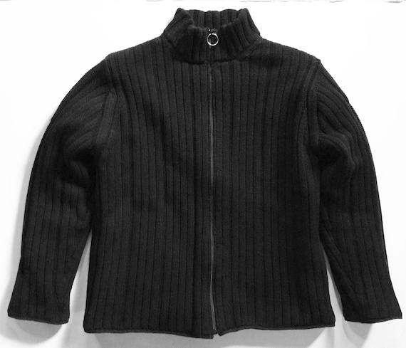 Black Wool Rib Zip Front Lined Sweater Jacket Min… - image 1