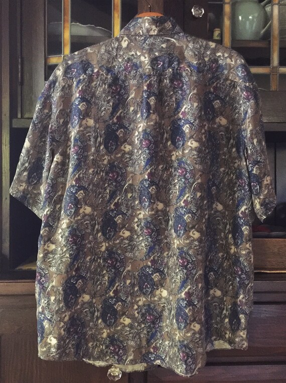 1980s Baroque Print Silk Blue and Taupe SS Shirt - image 5