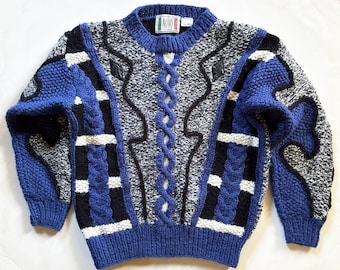 1980s Coogi Style Blue and Black Sweater