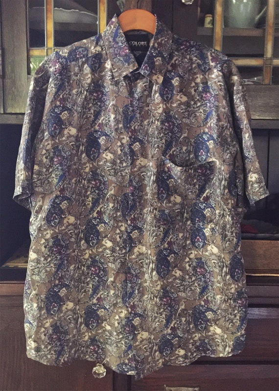 1980s Baroque Print Silk Blue and Taupe SS Shirt - image 4