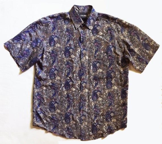 1980s Baroque Print Silk Blue and Taupe SS Shirt - image 1