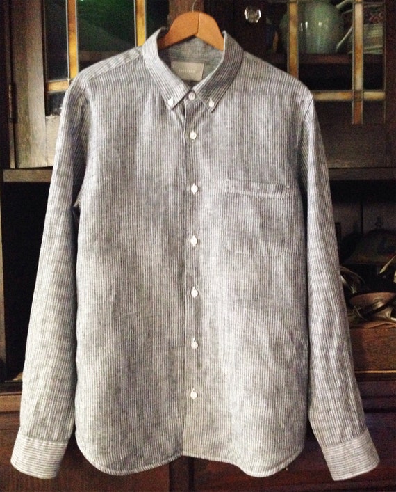 Blue Striped Linen Button Down Shirt S - image 2