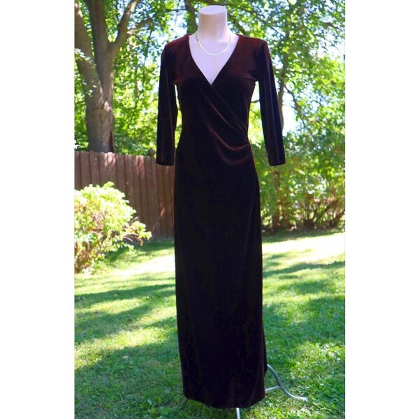 Vintage Brown VELVET Long Maxi DRESS 3/4 Sleeves Stretch Chocolate V-Neck Plunge Faux Wrap Ruched MODA International  Excellent Cond.