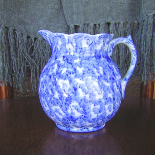 Antique Pretty Blue & White Spongeware Pitcher 6-3/4” Tall Jug Round Stoneware Earthenware Milk spatter sponge ware Vase Utensil Jar