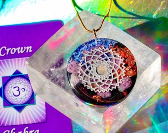 Handmade Orgonite Crown Chakra Necklace: Quartz & Lepidolite Crystals