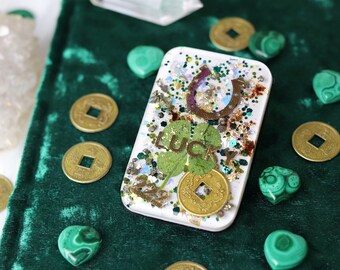 Lucky 222 Orgonite EMF Shield Cell Button w/ 4 Leaf Clover, Horseshoe & Luck Coin - Pyrite, Shungite, Tourmaline 5G Blocker Handmade Gift