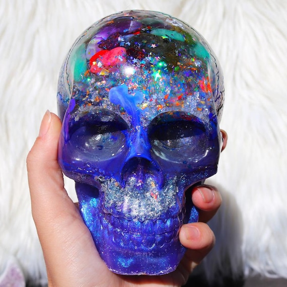 Orgonite Crystal Skull: Handmade EMF Protection, Reiki Altar Decor