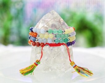 Vibrant Chakra Bead Bracelet with Red Tassels – Colorful Energy Aligning Jewelry for Harmony and Style