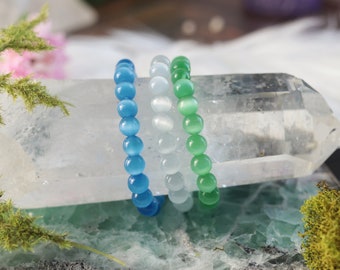 Cat Eye Crystal Bead Stretch Bracelets - Available in White, Green, and Blue