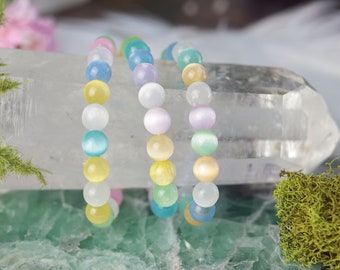 Pastel Selenite Crystal Bracelet - 8-6mm Beaded Serenity Accessory