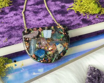 Handmade Orgonite Crystal Necklace with Lapis, Shungite, Agate, & More - 5g Shield, Spiritual Healing, Orgone EMF Protection, Silver Chain