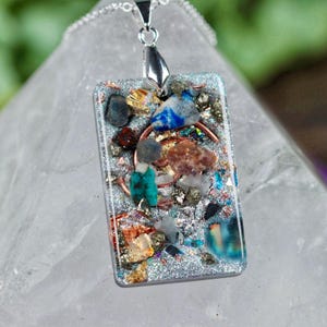 Orgonite Pendant Necklace with Shungite, Quartz and Blue Sapphire | Handmade Energy Protection & Clear Communication