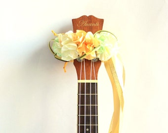 Ukulele lei /Hanging ribbon yellow, Ukulele Accessory, Ukulele strap, Ukulele gift, Ukulele flower, Ukelele strap, Ribbon lei, Music Teacher