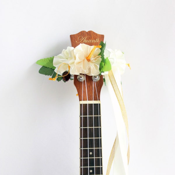 Ukulele lei /Hanging ribbon white, Ukulele Accessory, Ukulele strap, Ukulele gift, Ukulele flower, Ukelele strap, ukulele case, Ribbon lei,