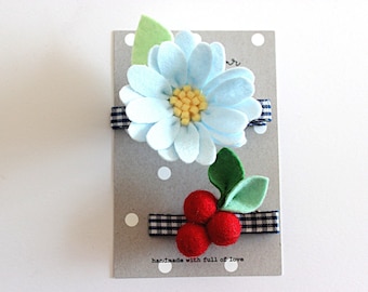 Daisy Felt Flower Hair Clip with Gingham check Ribbon / Set of daisy and berry hair clip