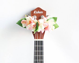 coral red plumeria ukulele lei,ukulele accessories,hawaiian lei,ukulele strap,ribbon lei,hawaiian wedding,tropical flower,floral wristband