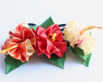 A Set of hibiscus Decorated Hair Ponytail Holders(O), Women Hair Accessory, tropical accessories, tropical bows, Hawaii, party favors