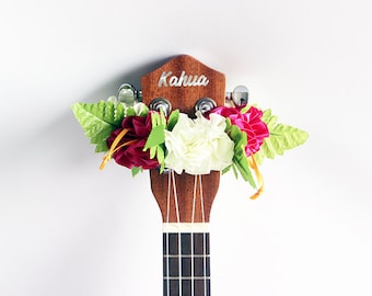 coral red plumeria ukulele lei,ukulele accessories,hawaiian lei,ukulele strap,ribbon lei,hawaiian wedding,tropical flower,floral wristband