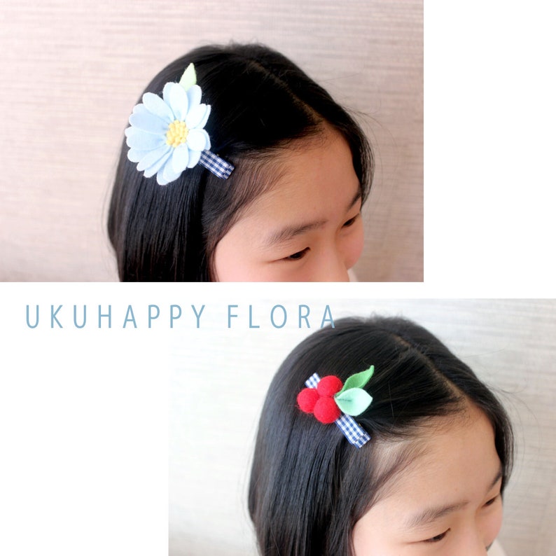 Daisy Felt Flower Hair Clip with Gingham check Ribbon / Set of daisy and berry hair clip image 10