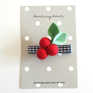 Daisy Felt Flower Hair Clip with Gingham check Ribbon / Set of daisy and berry hair clip image 6