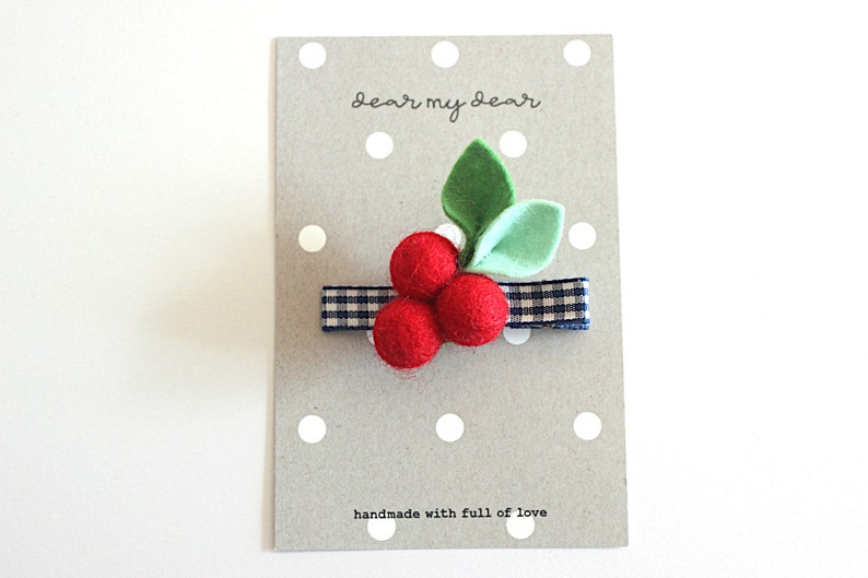 Daisy Felt Flower Hair Clip with Gingham check Ribbon / Set of daisy and berry hair clip image 7