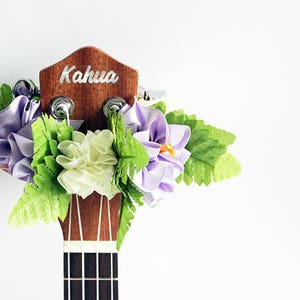 Ukulele lei / purple hibiscus, Ukulele gifts, Ribbon leis, Hawaiian crafts, Gift for Ukulele Player, Ukulele Decor, Uke, Ukulele Lover,