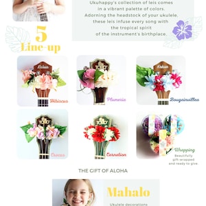May include: A collection of ribbon leis for ukulele headstocks, featuring five floral styles named Hibiscus, Plumeria, Bougainvillea, Crocus, and Carnation. The display includes gift-wrapped packaging and text reading Ribbon Lei for Ukulele and Mahalo.