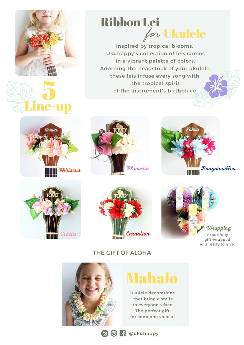 May include: A collection of ribbon leis for ukulele headstocks, featuring five floral styles named Hibiscus, Plumeria, Bougainvillea, Crocus, and Carnation. The display includes gift-wrapped packaging and text reading Ribbon Lei for Ukulele and Mahalo.