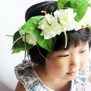 Ribbon lei for hula girls white hibiscus head band B /Hula Accessories/Hula Flowers/Hawaii/hawaiian crown/headband/haku/Flowers Hair Clip/ image 1